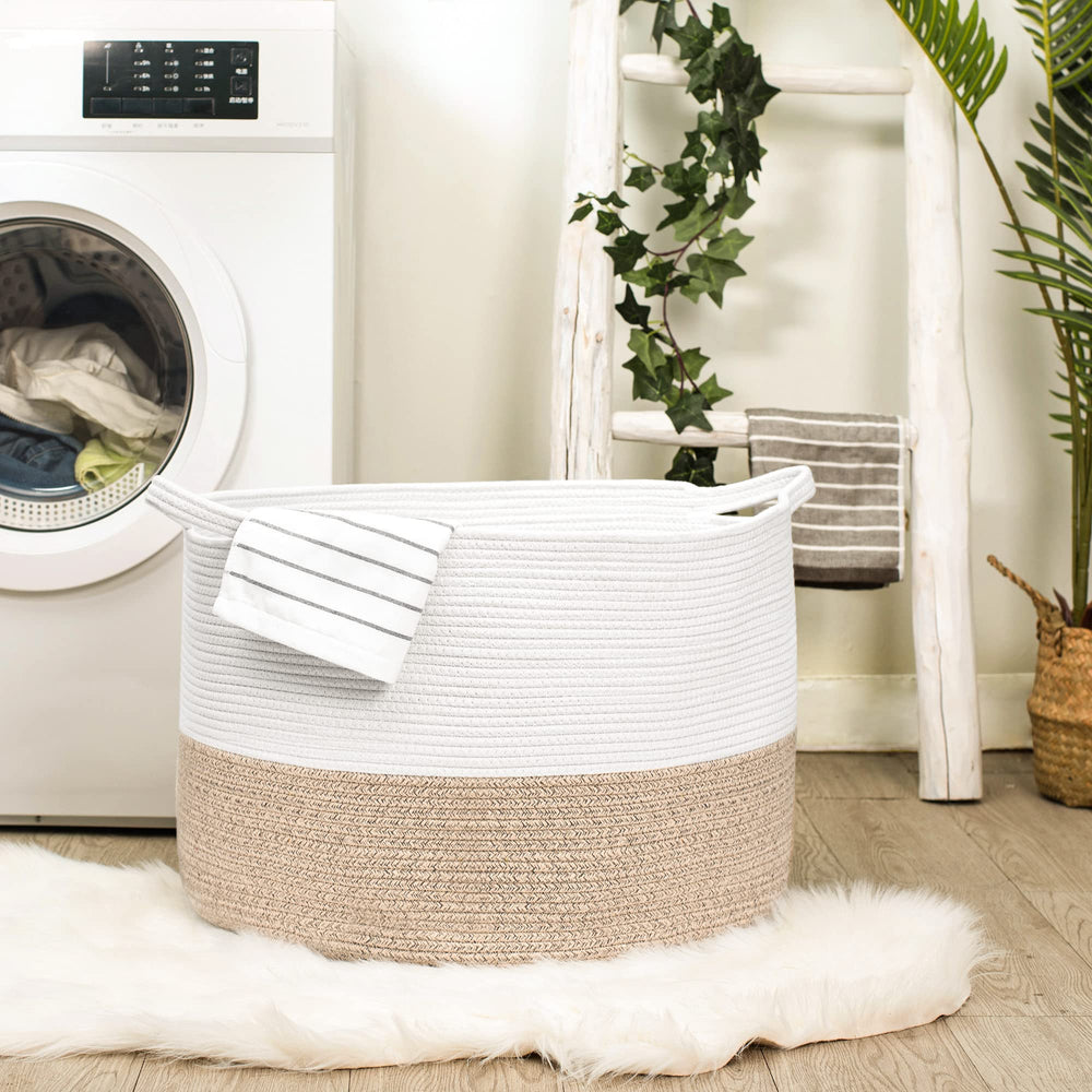 R RUNKA cotton rope basket with sturdy handles for simple carrying and relocation.