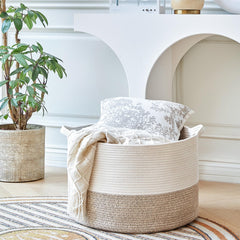 R RUNKA blanket basket keeps throws tidy and accessible in any living area.