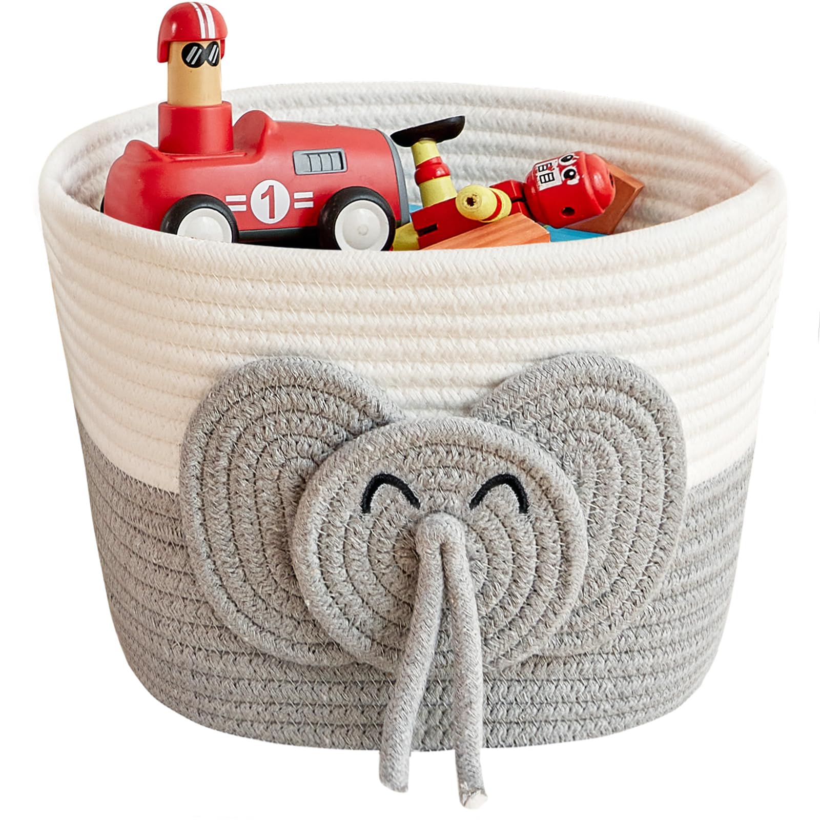 R RUNKA elephant basket front view showing playful toy storage.