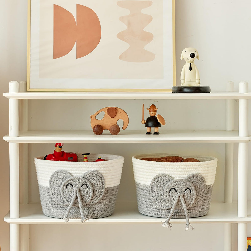 R RUNKA elephant basket in nursery decor adds whimsical charm.