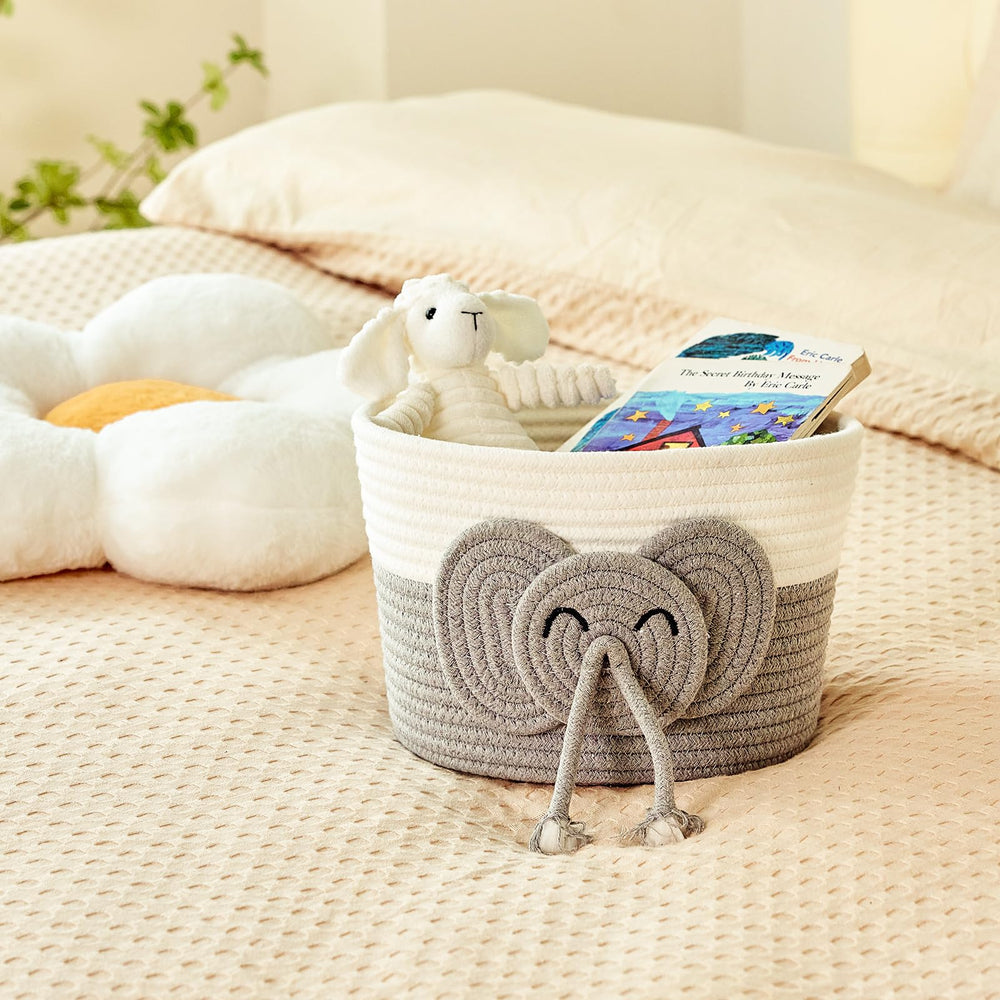 R RUNKA elephant basket close-up highlights soft, safe cotton rope texture.