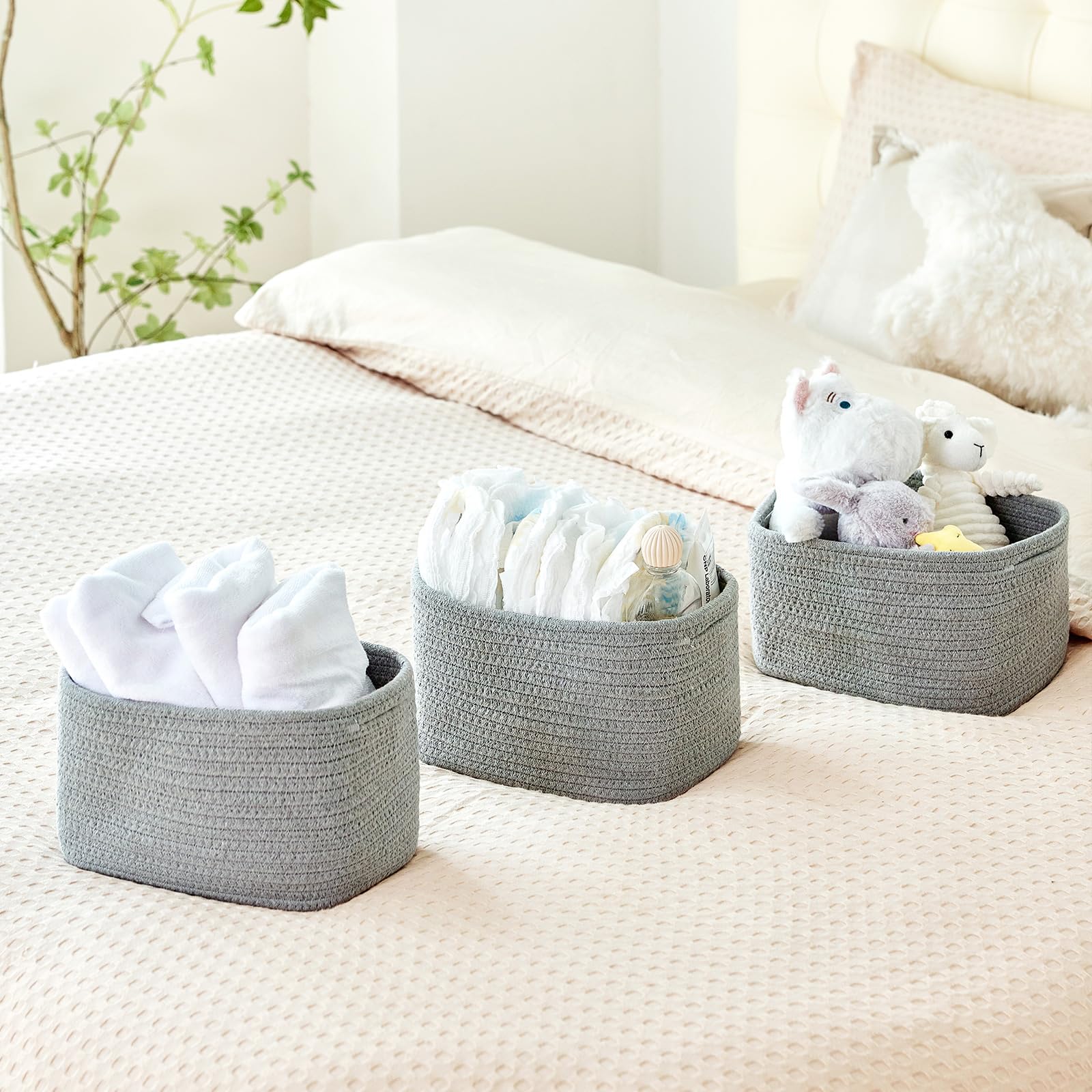 R RUNKA basket on counter keeps mail and toiletries tidy.