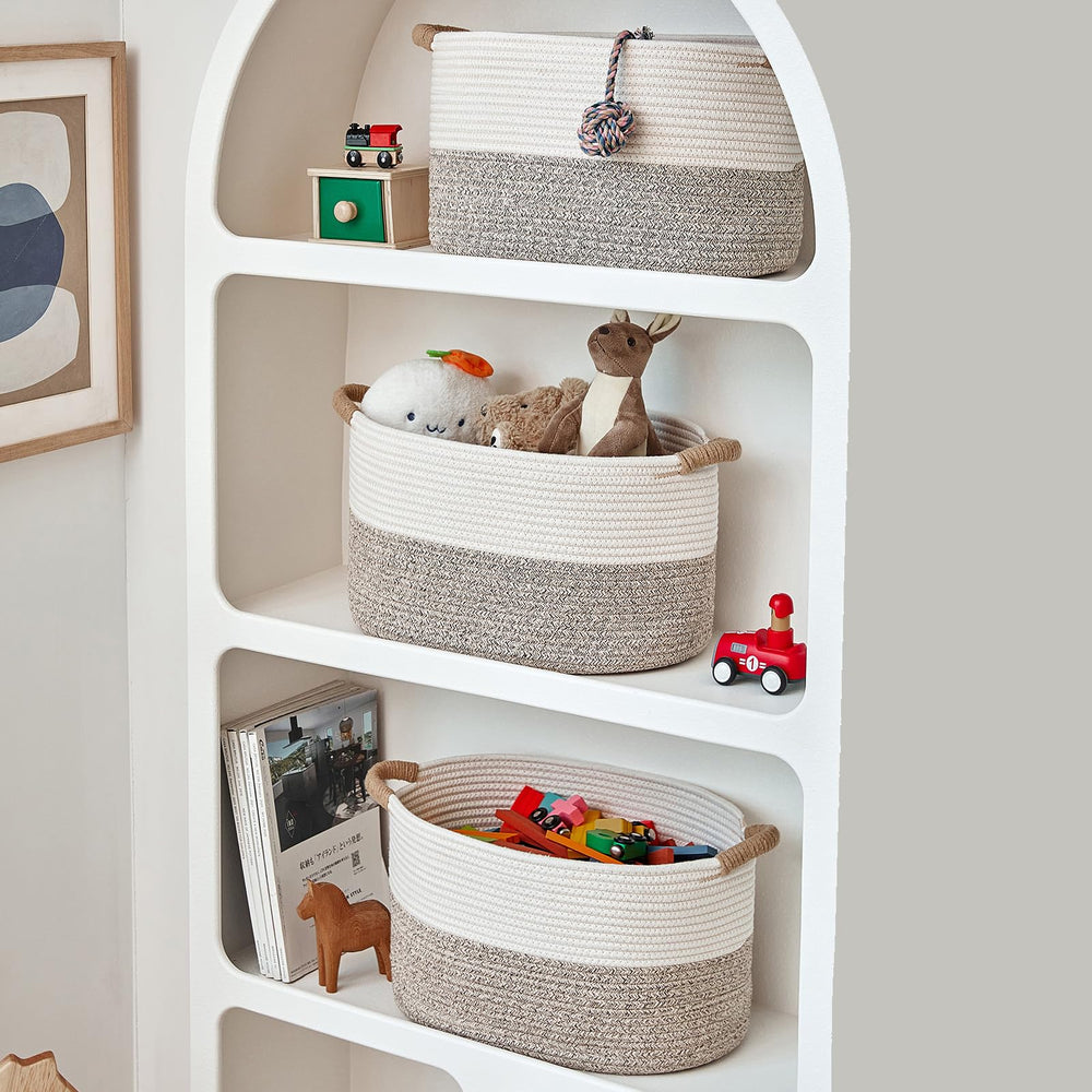 R RUNKA bedroom basket sits on a shelf with chic storage.