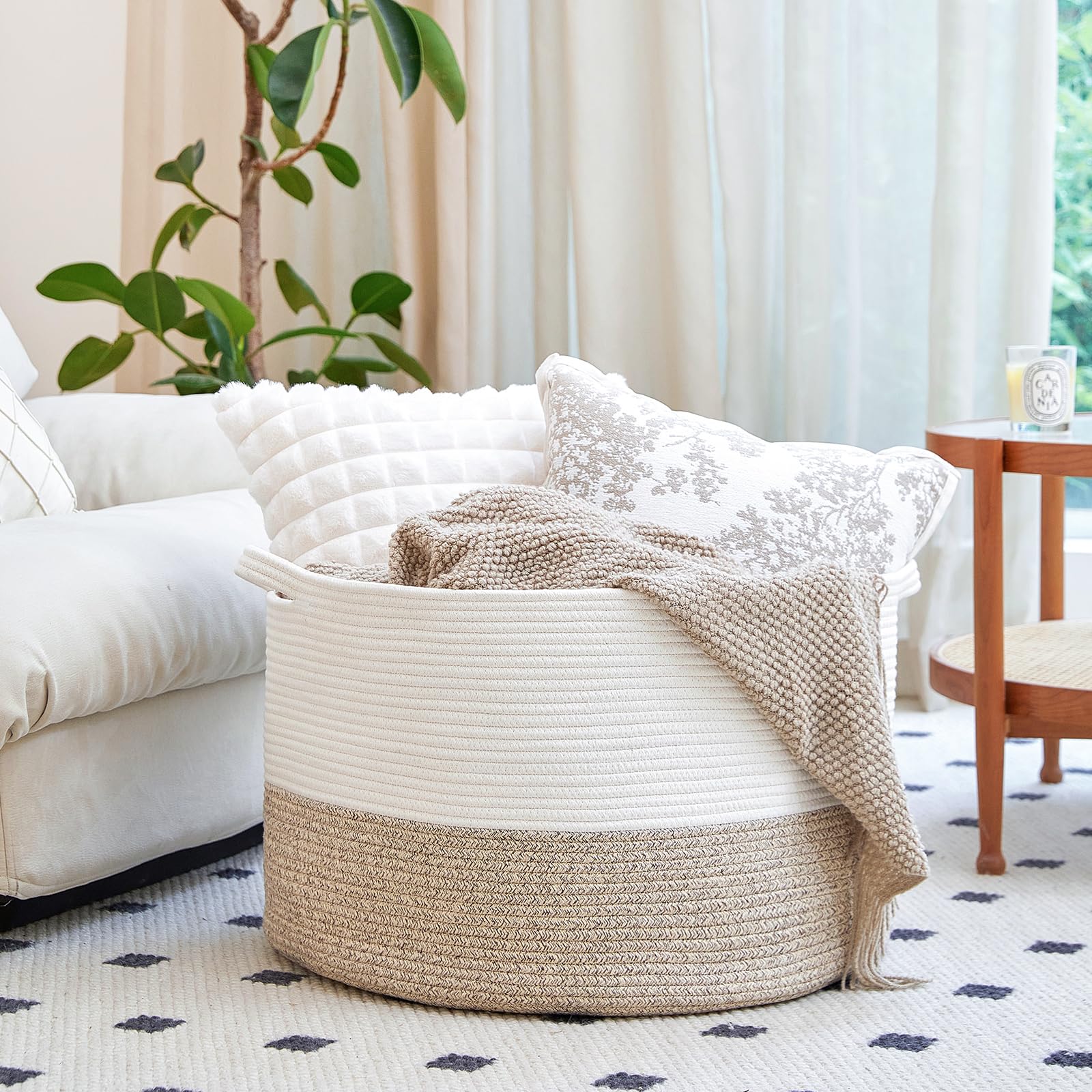 R RUNKA woven cotton rope basket showcases durable craftsmanship with easy-grip handles.