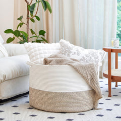 R RUNKA woven cotton rope basket showcases durable craftsmanship with easy-grip handles.