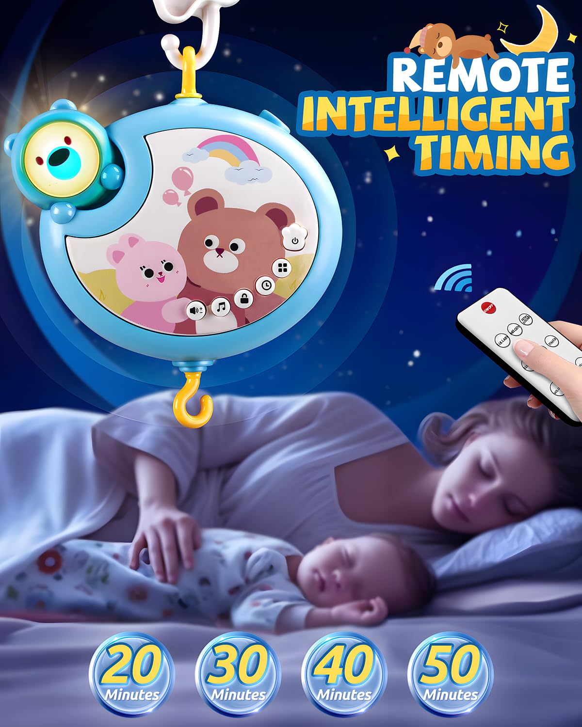 RSEPD crib mobile detachable music box doubles as projector for versatile play