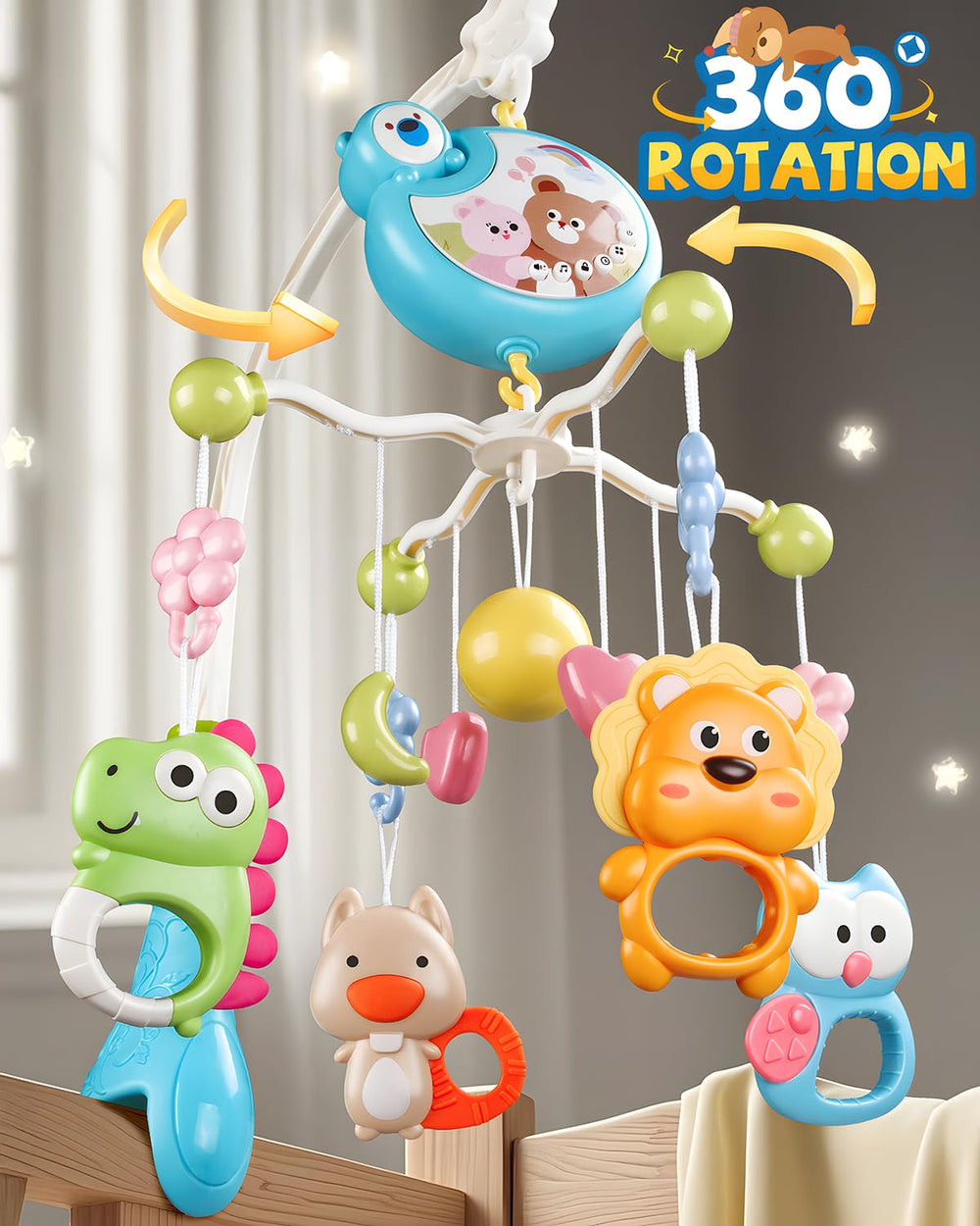 RSEPD crib mobile five rattles rotate 360 degrees to engage baby attention