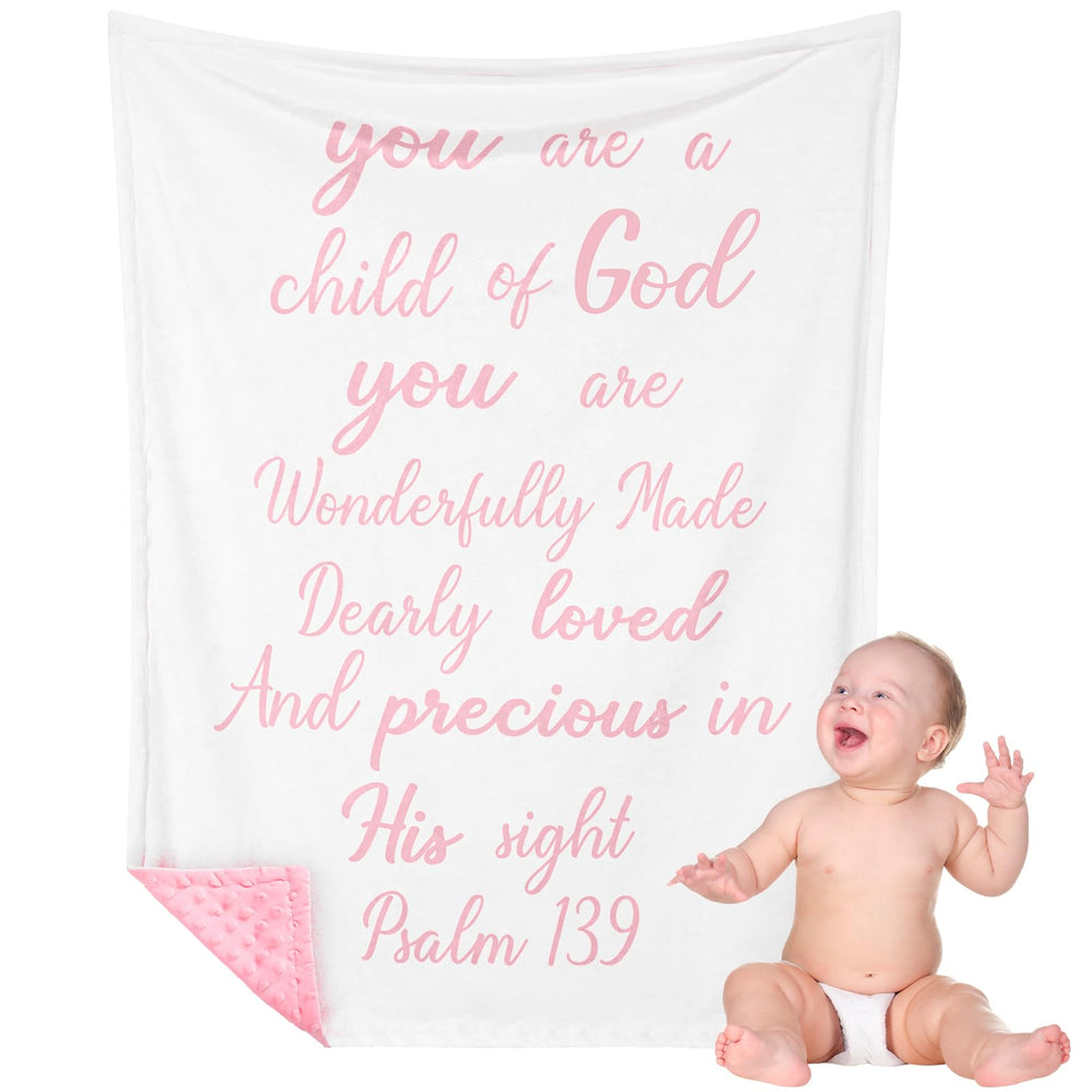 Rtteri Bible Verse Baby Blanket pink and white, front view showing scripture design for newborns