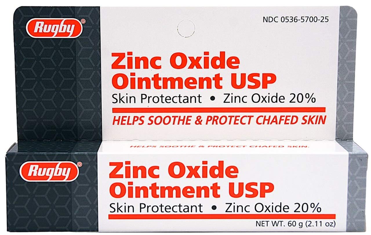 Rugby Laboratories zinc oxide 20% ointment bottle for skin protection and irritation relief.