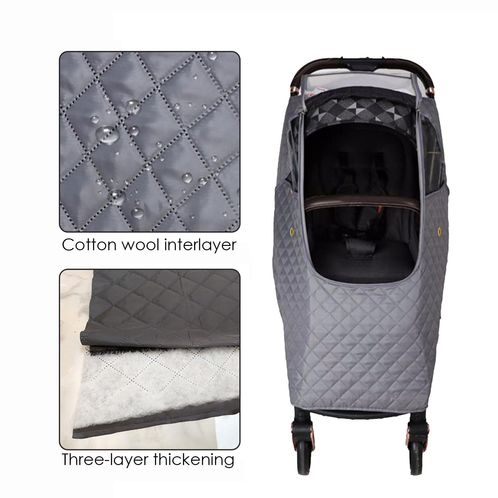 Ruiqas winter-pram-buggy-hood-cover shields against snow and wind.
