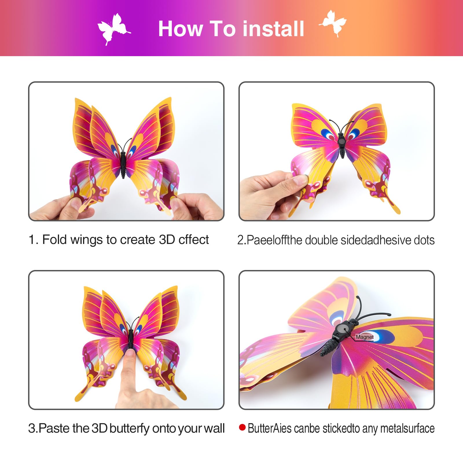 Rumhut butterfly decals use strong adhesive dots for secure mounting and easy repositioning