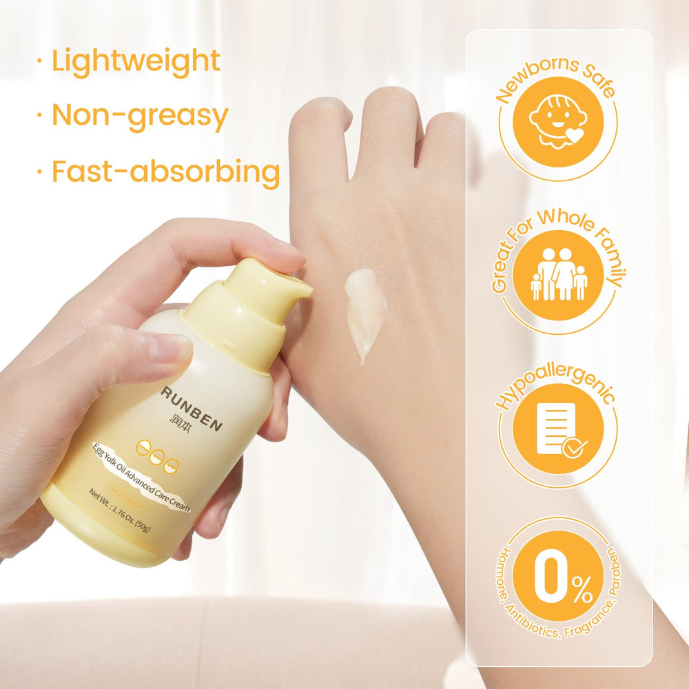 Parent applies RUNBEN cream after bath for gentle hydration.