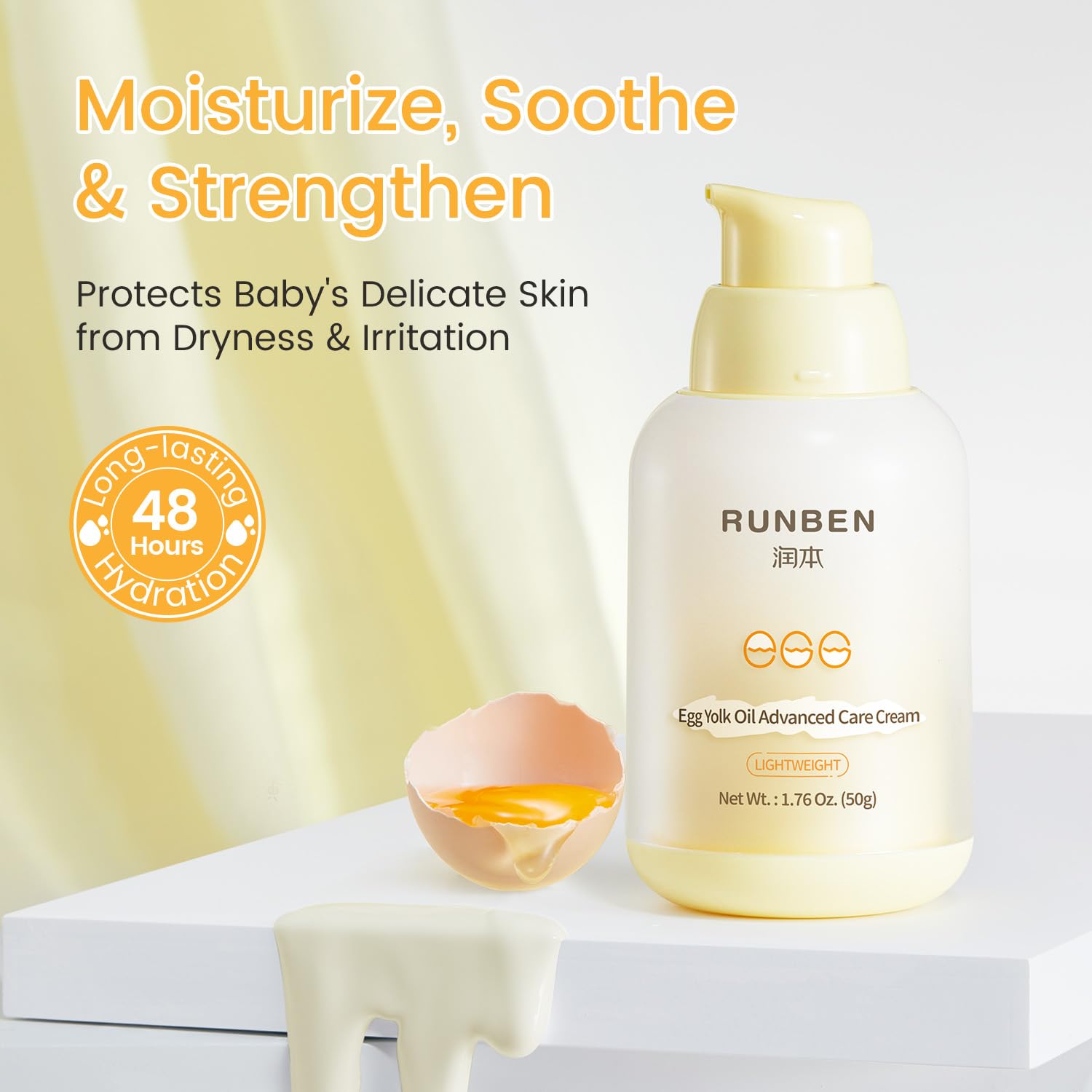 RUNBEN cream texture close-up showing non-greasy quick absorption.