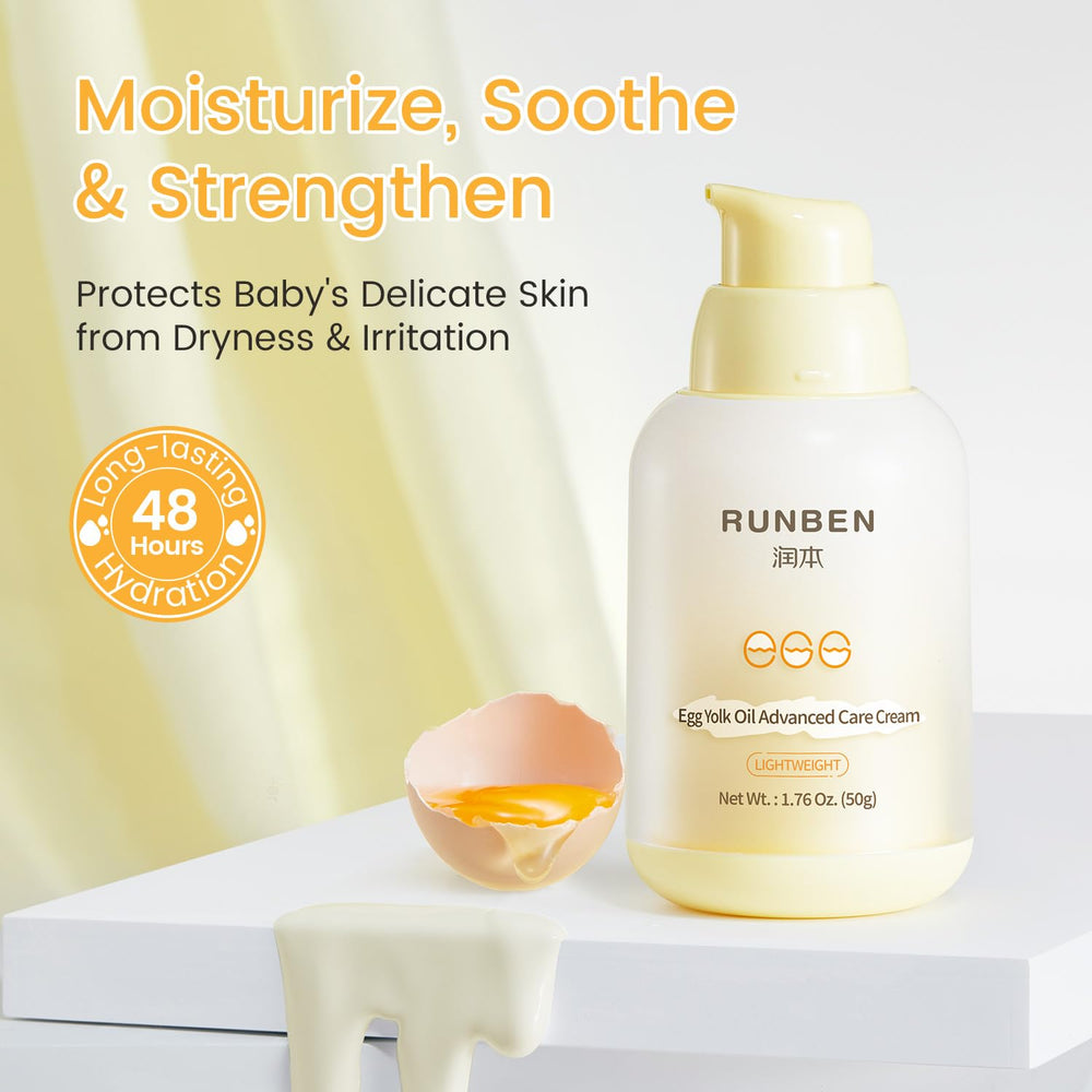 RUNBEN cream texture close-up showing non-greasy quick absorption.