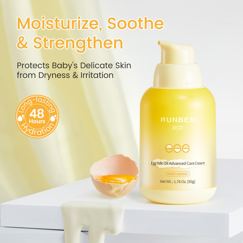 RUNBEN Egg Yolk Oil cream application demonstrates rich moisture for daily infant care.