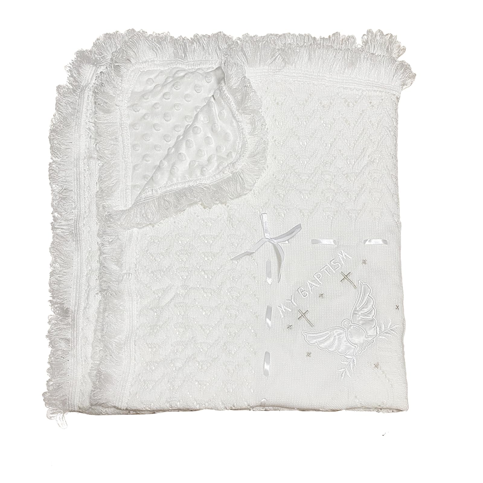 Runeaoys baby blanket with cross and dove embroidery for baptism and keepsake photo.