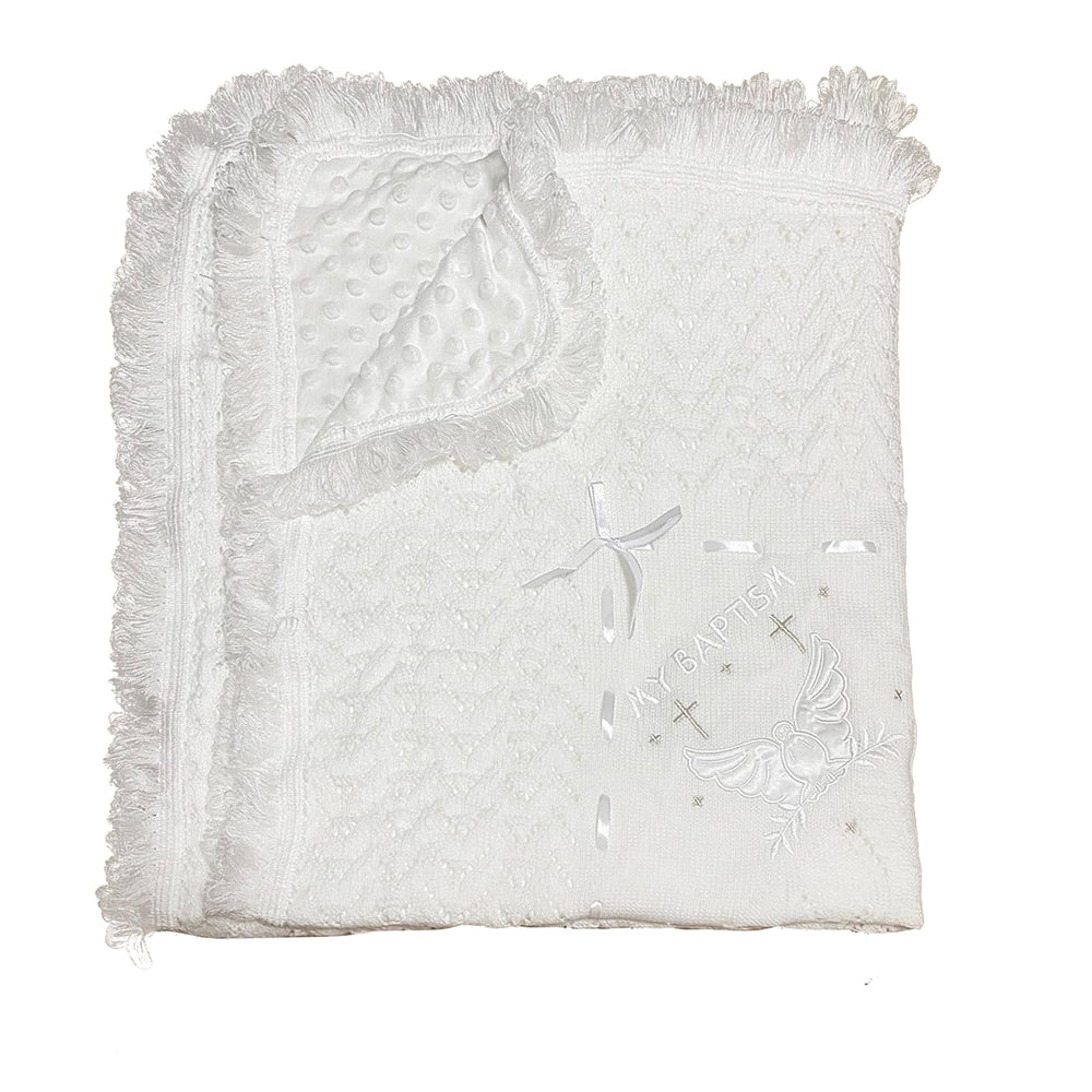Runeaoys baby blanket with cross and dove embroidery for baptism and keepsake photo.