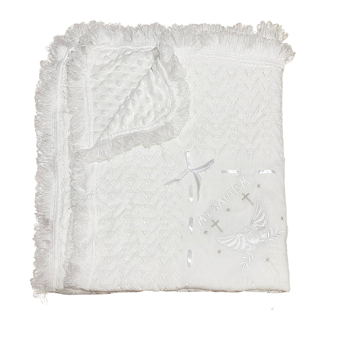 Runeaoys baby blanket with cross and dove embroidery for baptism and keepsake photo.