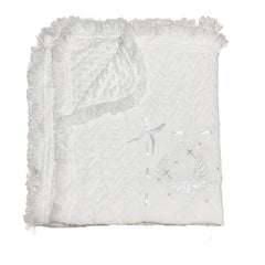 Runeaoys baby blanket with cross and dove embroidery for baptism and keepsake photo.