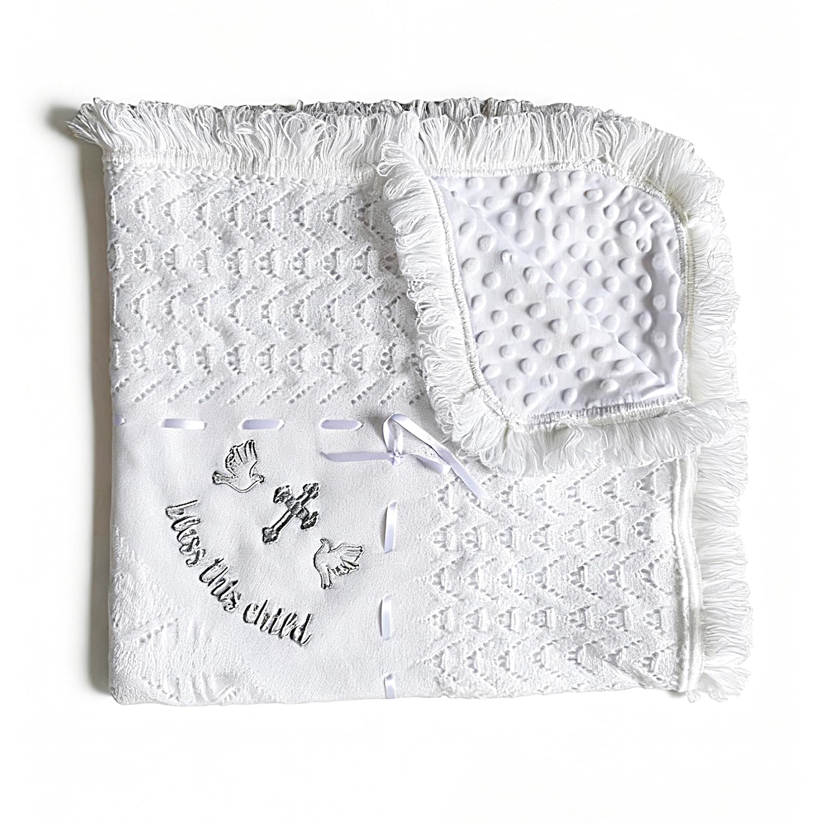 Runeaoys baptism blanket cross embroidery close-up keepsake photos