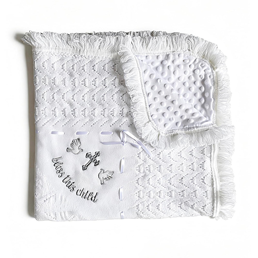 Runeaoys baptism blanket cross embroidery close-up keepsake photos