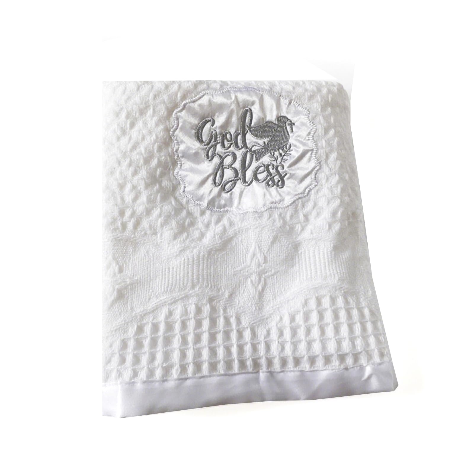 Runeaoys Baptism Blanket white knit with embroidery; ideal for church photo sessions.