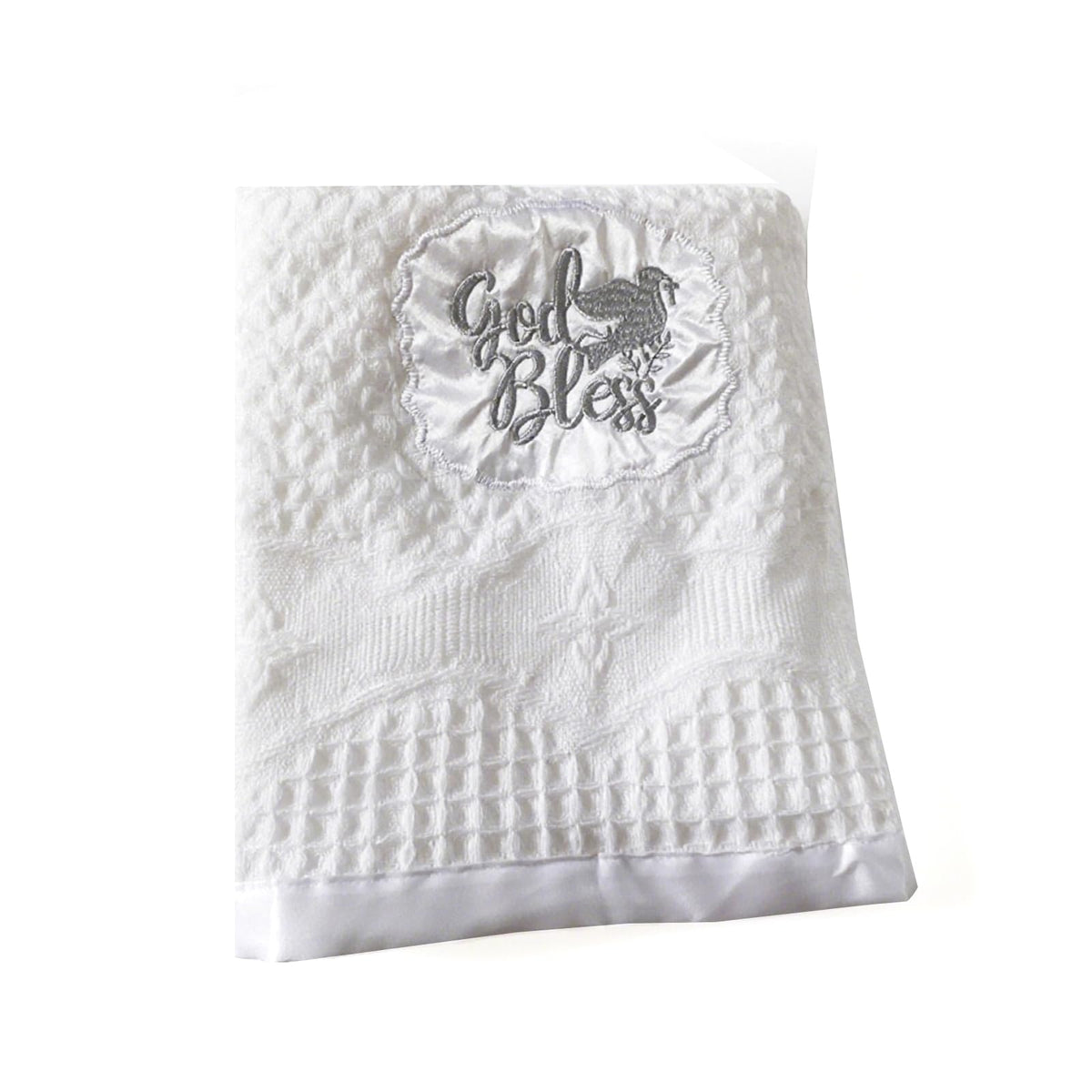 Runeaoys Baptism Blanket white knit with embroidery; ideal for church photo sessions.