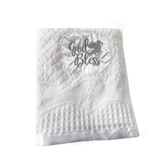 Runeaoys Baptism Blanket white knit with embroidery; ideal for church photo sessions.