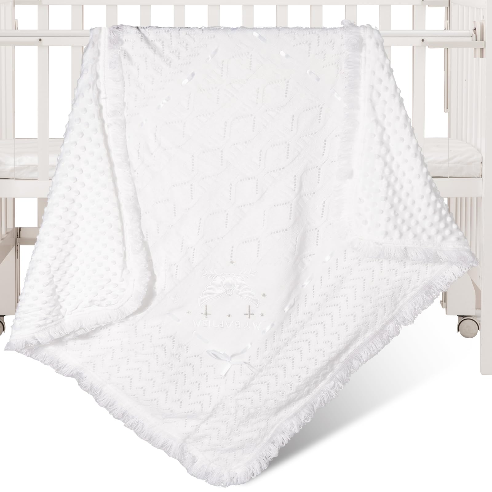 Runeaoys baptism gift blanket in soft white for church moments.