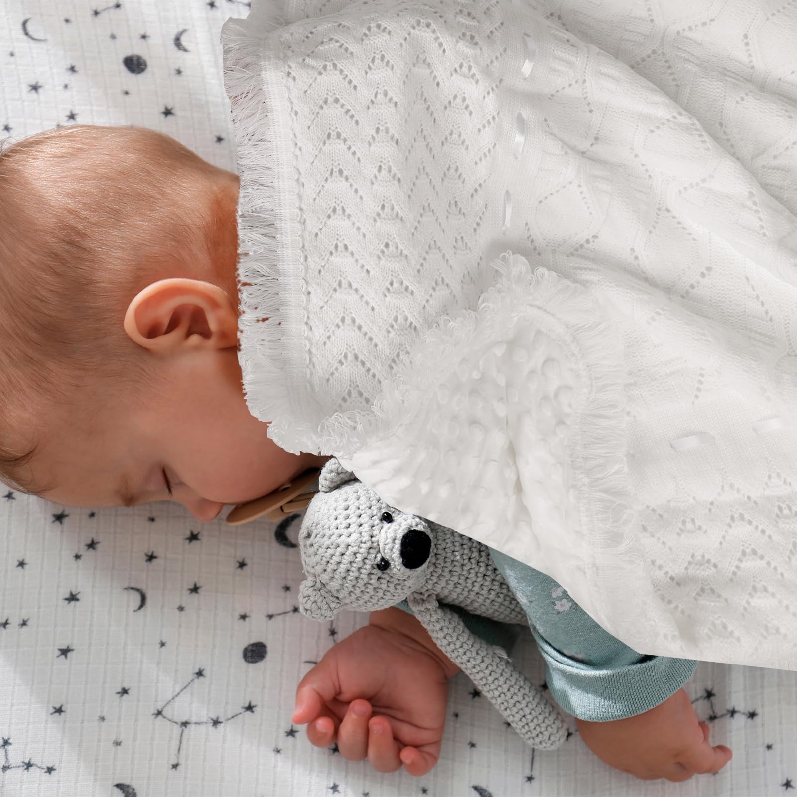 Runeaoys crochet receiving blanket with plush lining for newborn comfort.