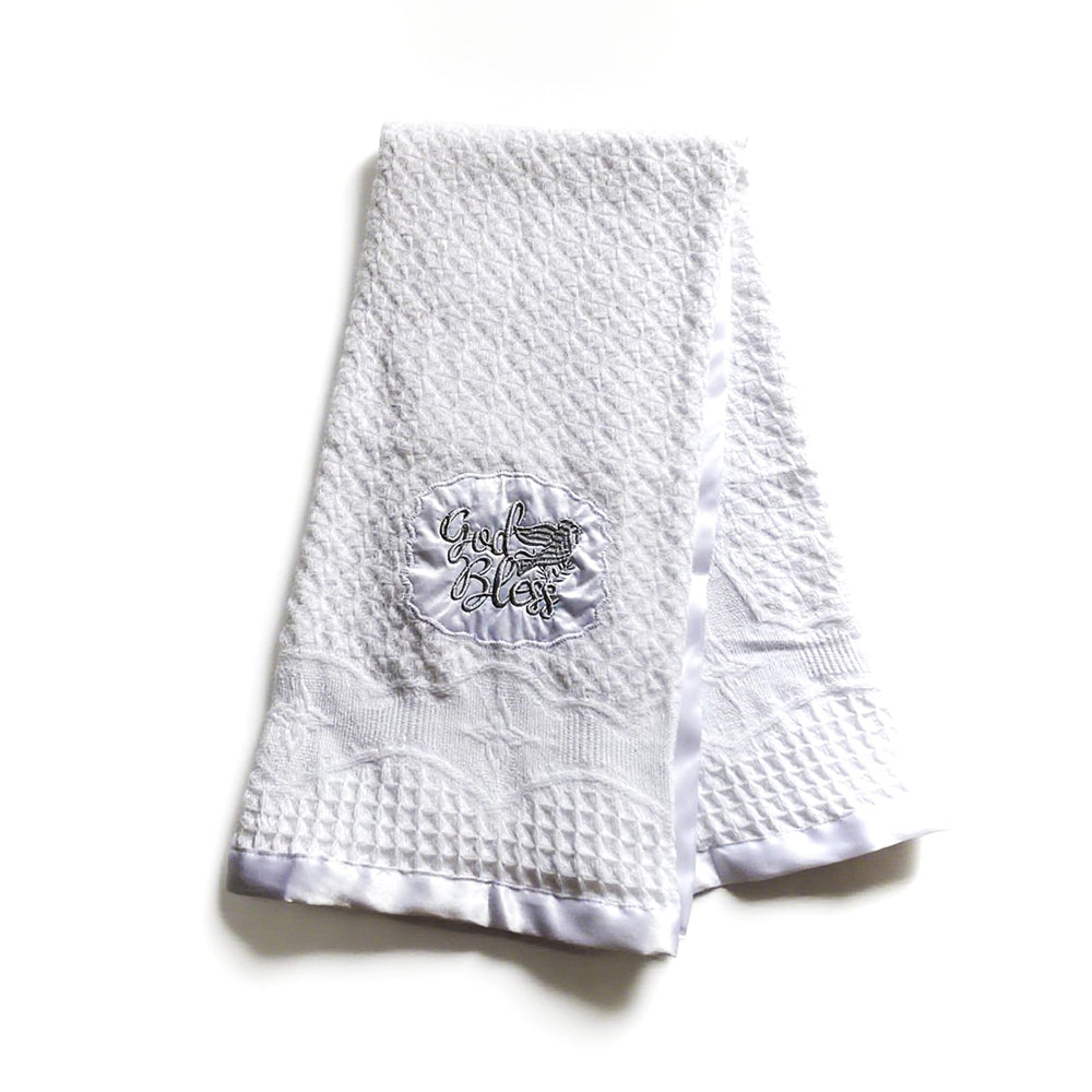 Runeaoys Satin bordered baptism blanket; elegant touch for special moments.