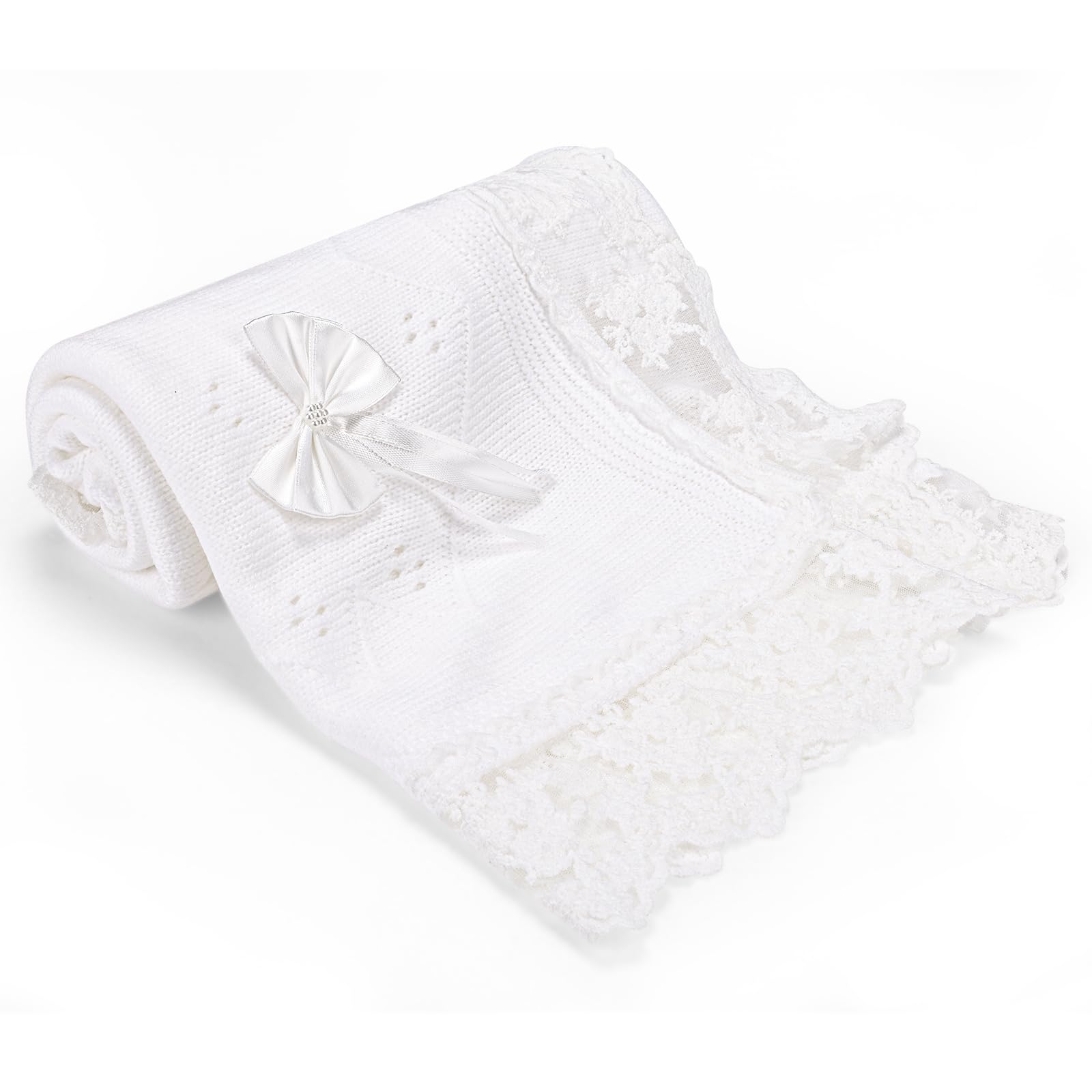Runeaoys white lace knit blanket adds elegant detail for newborns and outings.