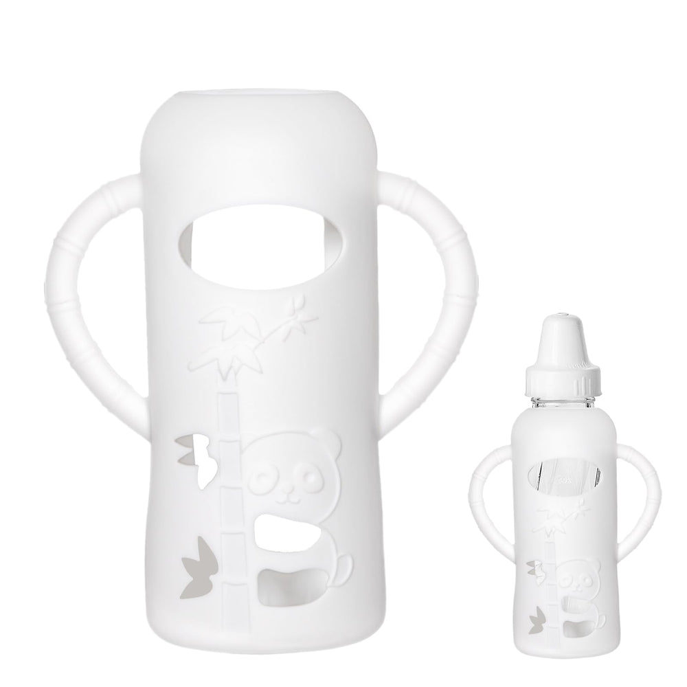 Runhike silicone sleeve for Evenflo 8oz bottle with panda design enhances grip and bottle protection.