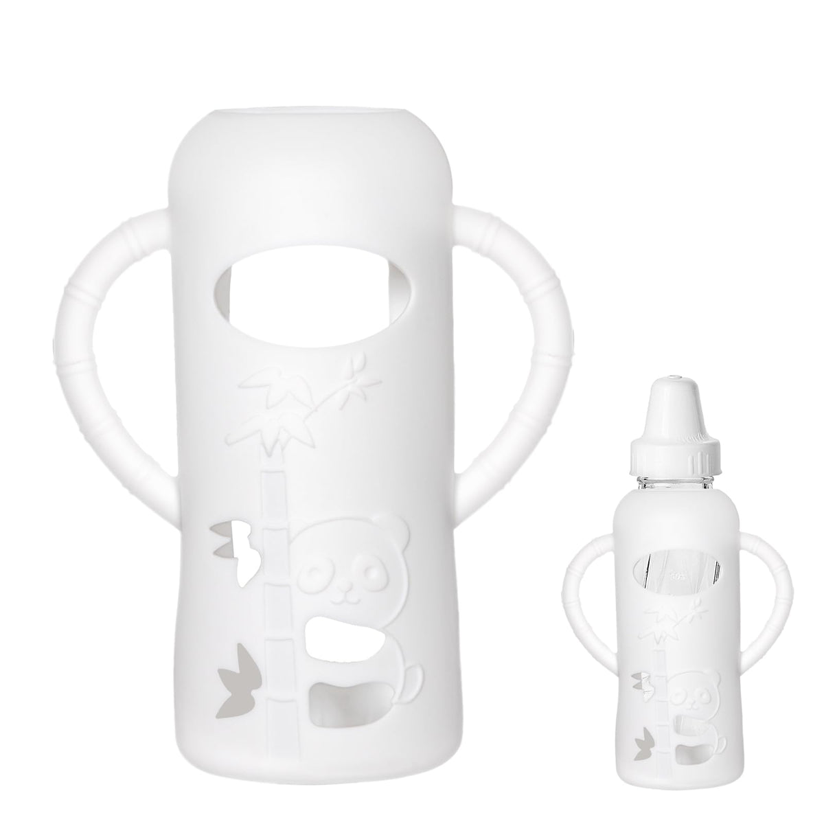 Runhike silicone sleeve for Evenflo 8oz bottle with panda design enhances grip and bottle protection.