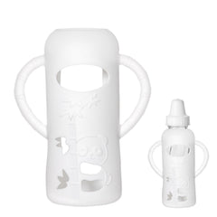 Runhike silicone sleeve for Evenflo 8oz bottle with panda design enhances grip and bottle protection.