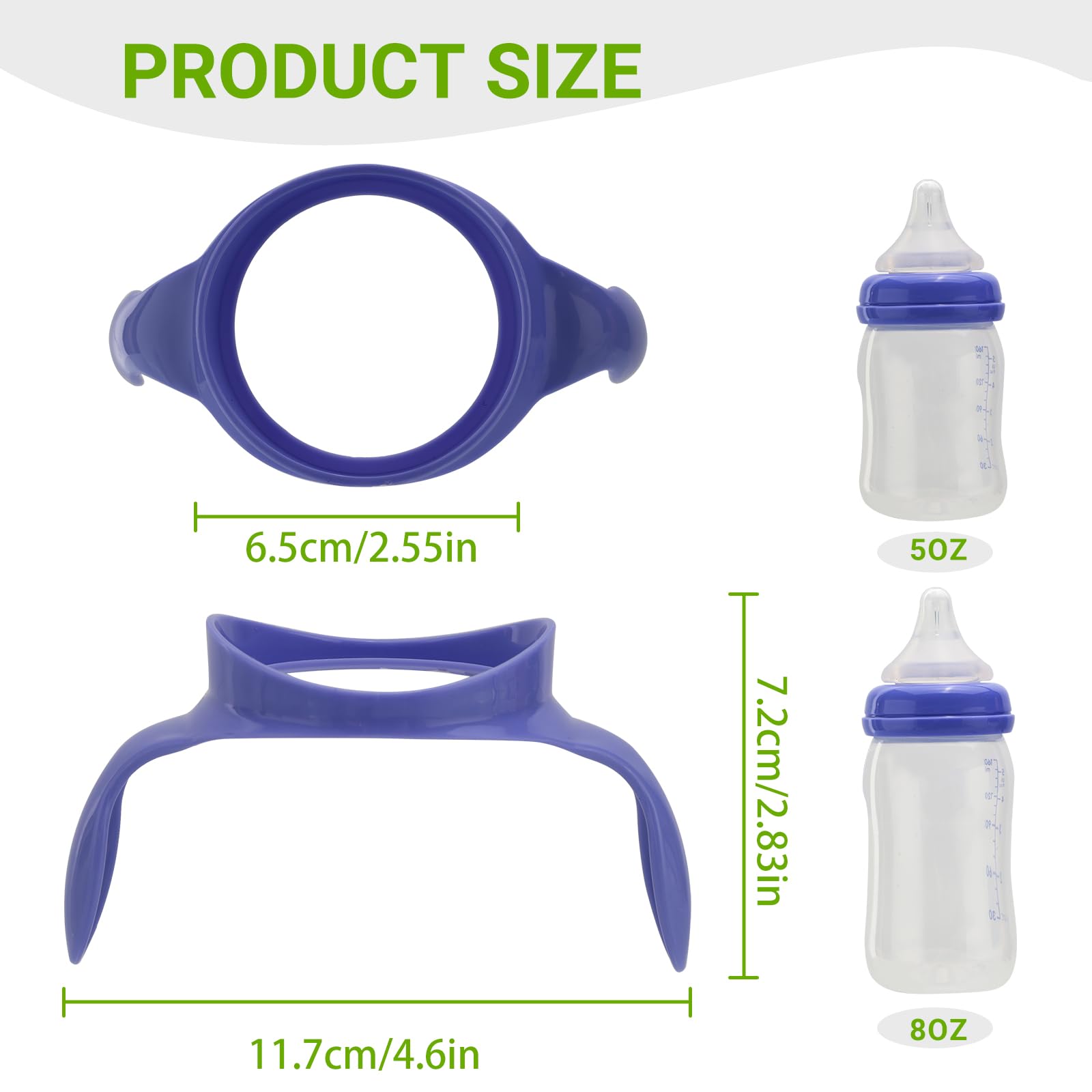 Runhike Lansinoh bottle handles purple set attached to Lansinoh 5oz and 8oz bottles.