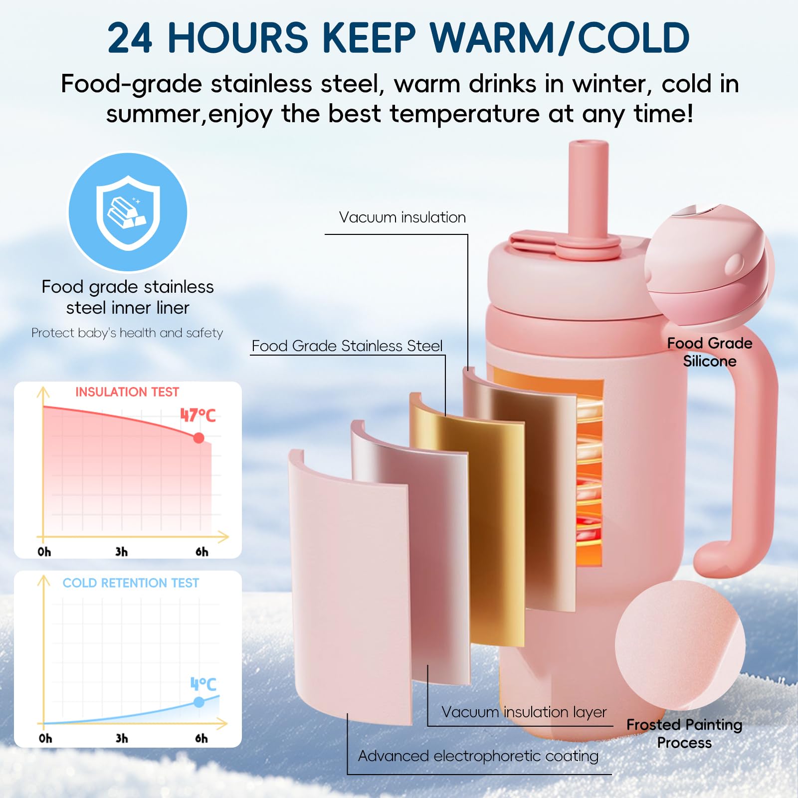 RUNSUNTUN insulated stainless steel body keeps beverages hot or cold for hours.
