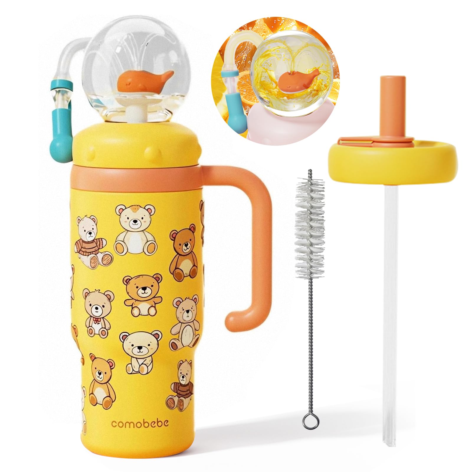 RUNSUNTUN insulated whale fountain cup front view shows 24oz capacity for durable family hydration on the go