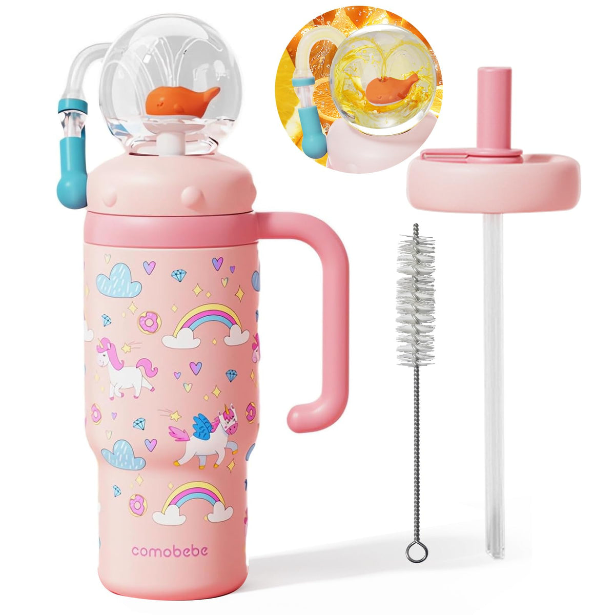 RUNSUNTUN whale fountain cup pink pony design for kid-friendly hydration on the go.
