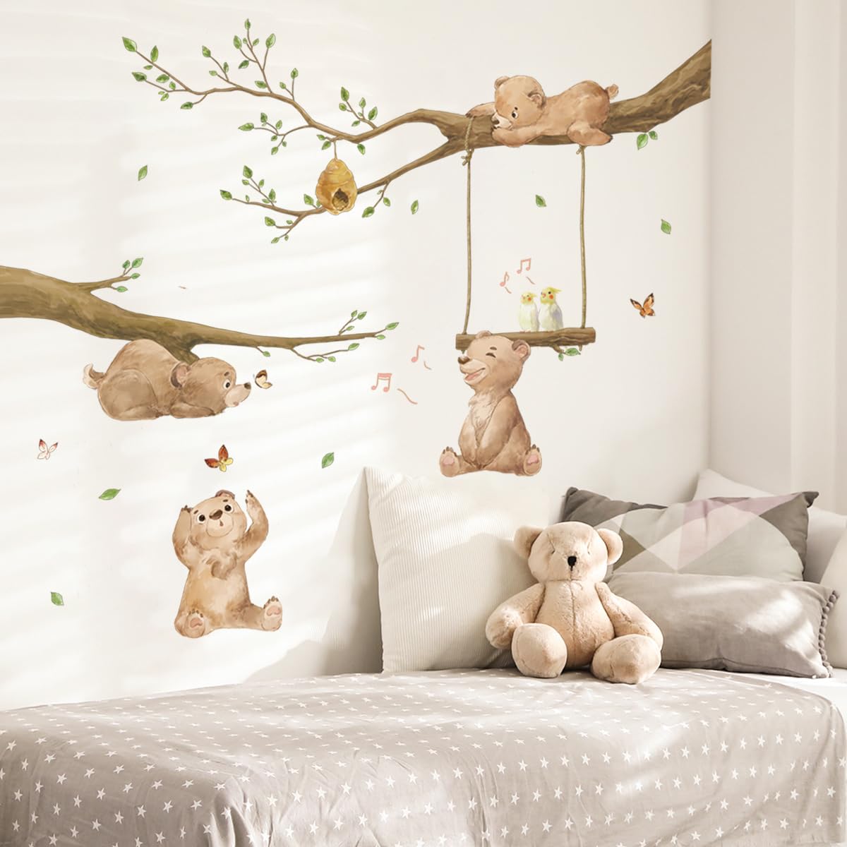 Runtoo bear wall sticker forest scene enhances kids room decor and imaginative play.