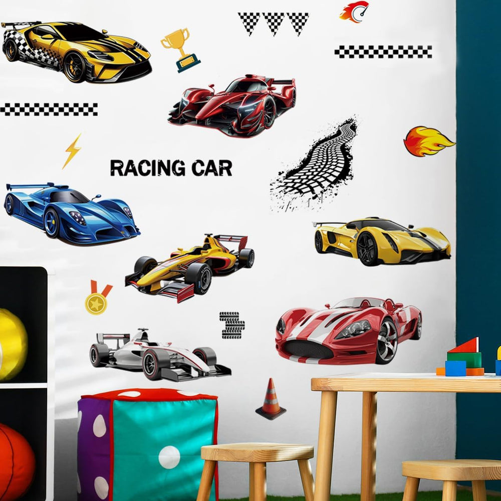 Runtoo boys bedroom decor wall stickers add a dynamic racing focal point.