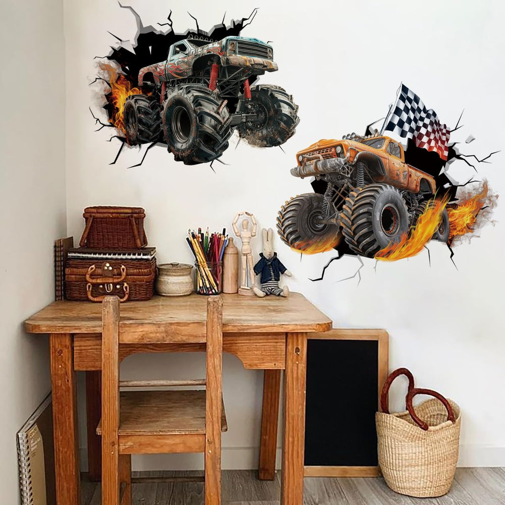 Runtoo Monster Truck Wall Decal with two trucks bursting out in bold 3D for vibrant kids' room decor.