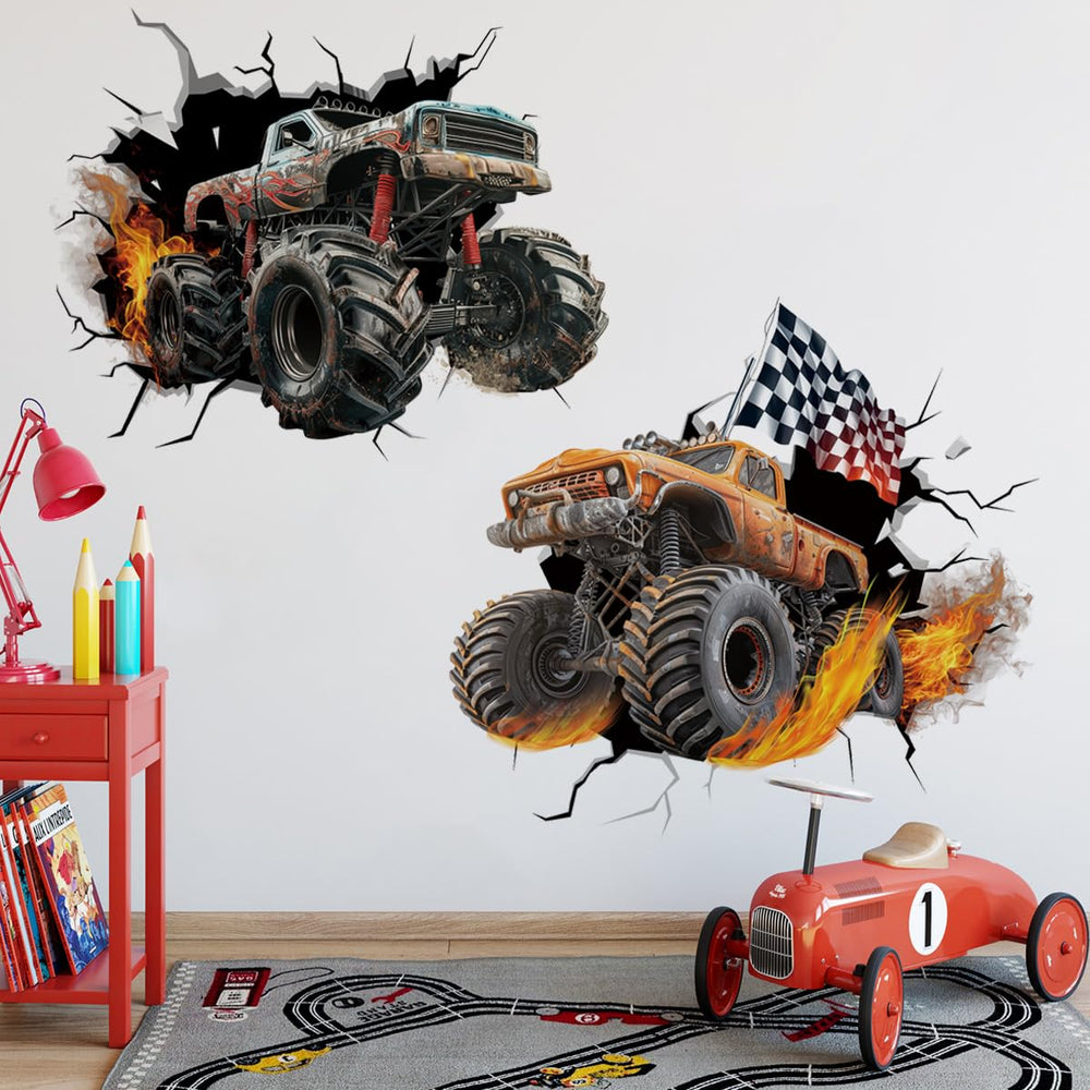 Runtoo Monster Truck Wall Decal shows easy peel-and-stick application on walls for mess-free setup.