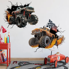 Runtoo Monster Truck Wall Decal shows easy peel-and-stick application on walls for mess-free setup.
