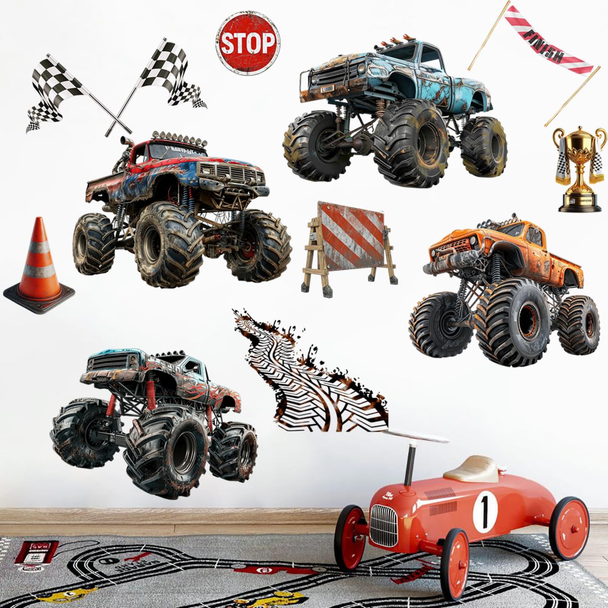 Runtoo finish line and trophies wall decals create dynamic bedroom focal points.