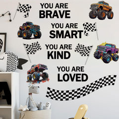 Runtoo Monster Truck wall decal features inspirational quotes to boost kid confidence
