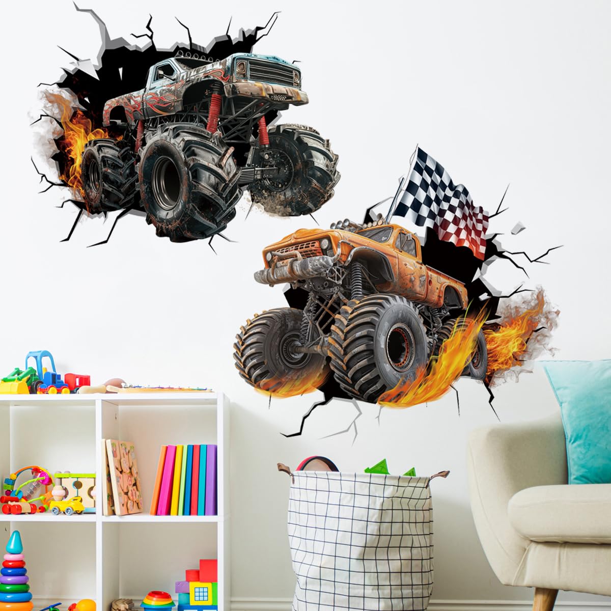 Runtoo Monster Truck Wall Decal uses non-toxic vinyl suitable for lively playrooms.