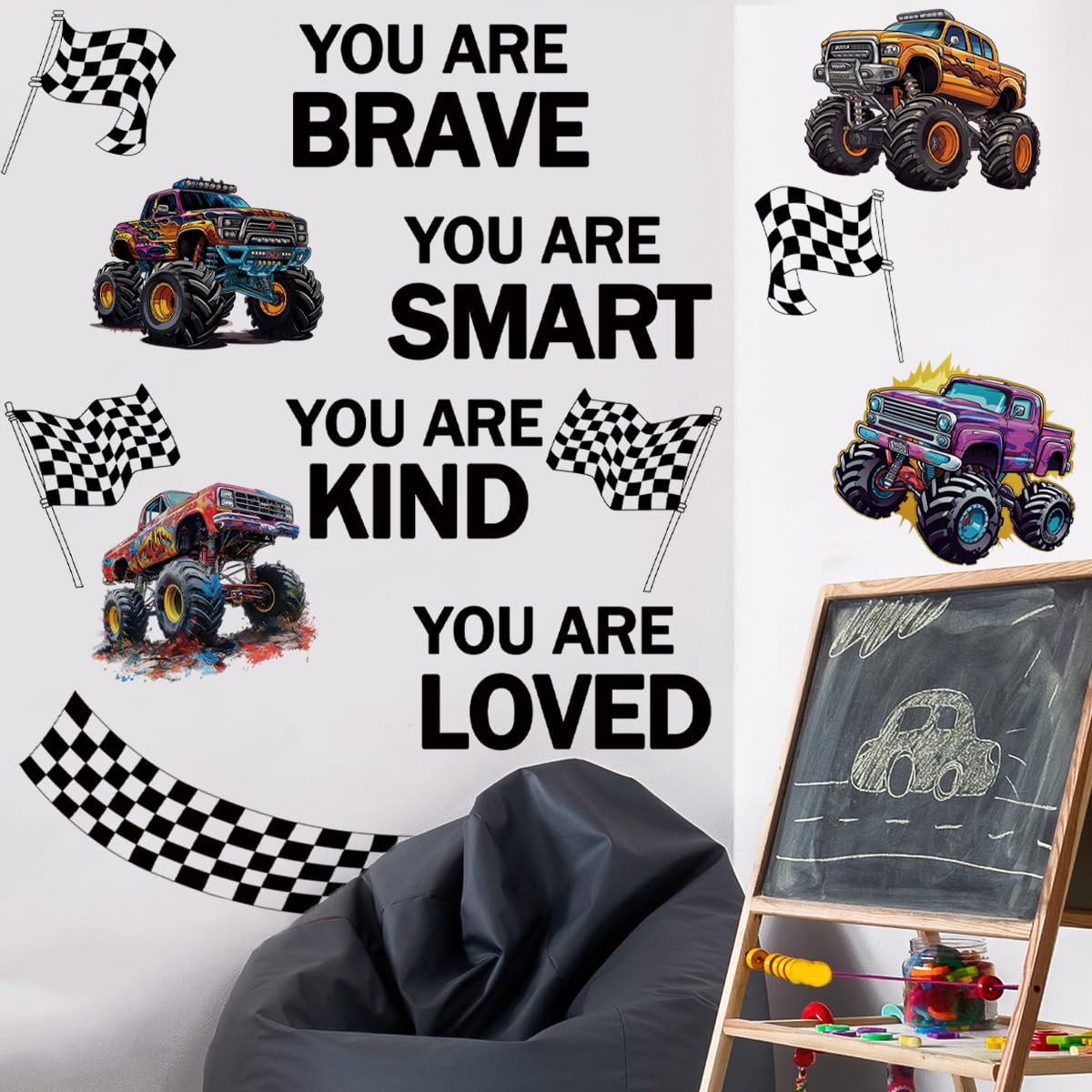 Runtoo Monster Truck wall decal with racing flags for dynamic room decor