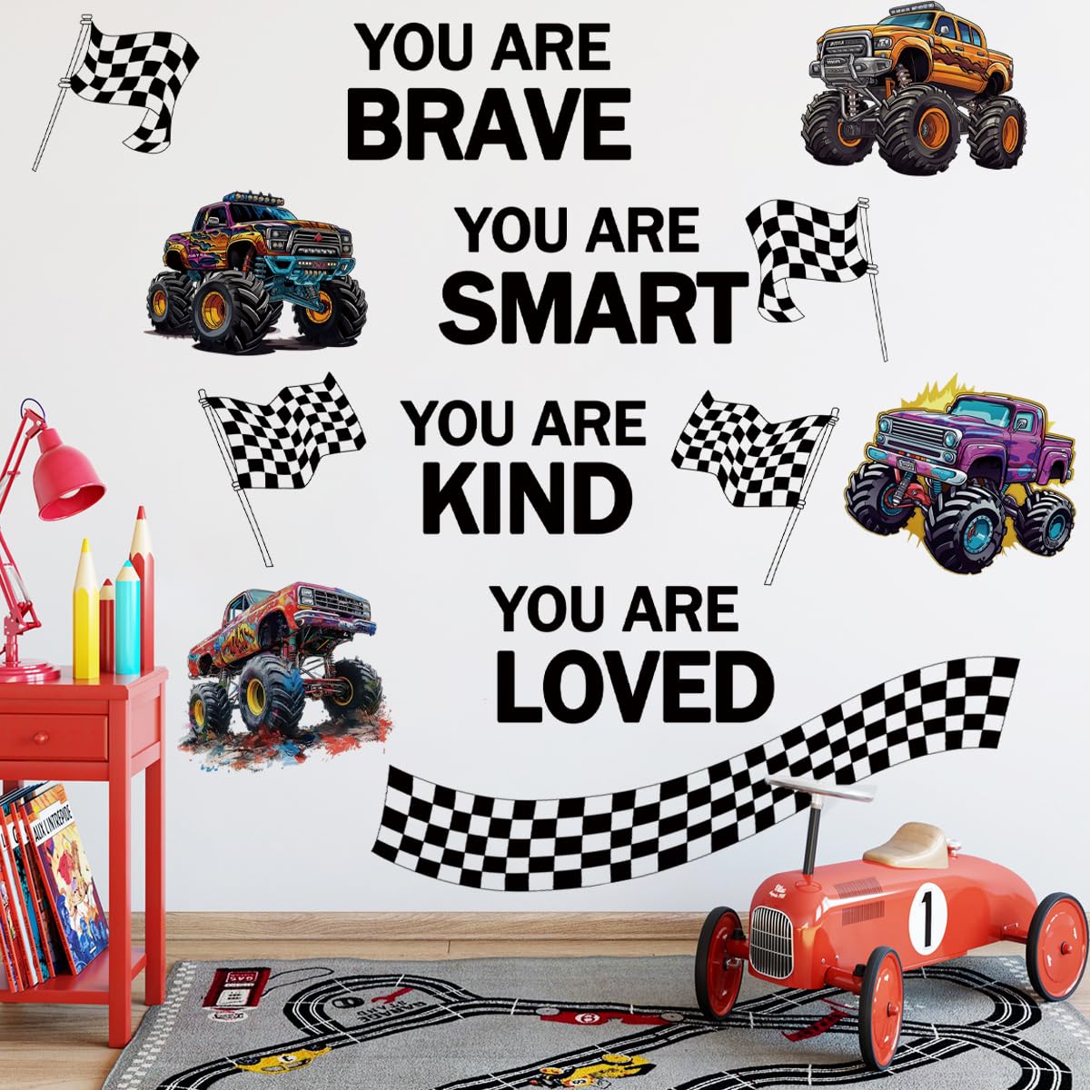 Runtoo Monster Truck wall decal shows trucks and finish line to spark playtime imagination
