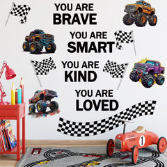 Runtoo Monster Truck wall decal shows trucks and finish line to spark playtime imagination
